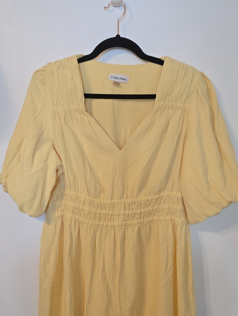 Calvin Klein Pale Yellow V-Neck Midi Dress with Puff Sleeves